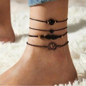 Black 4pc Lotus Flower Anklets